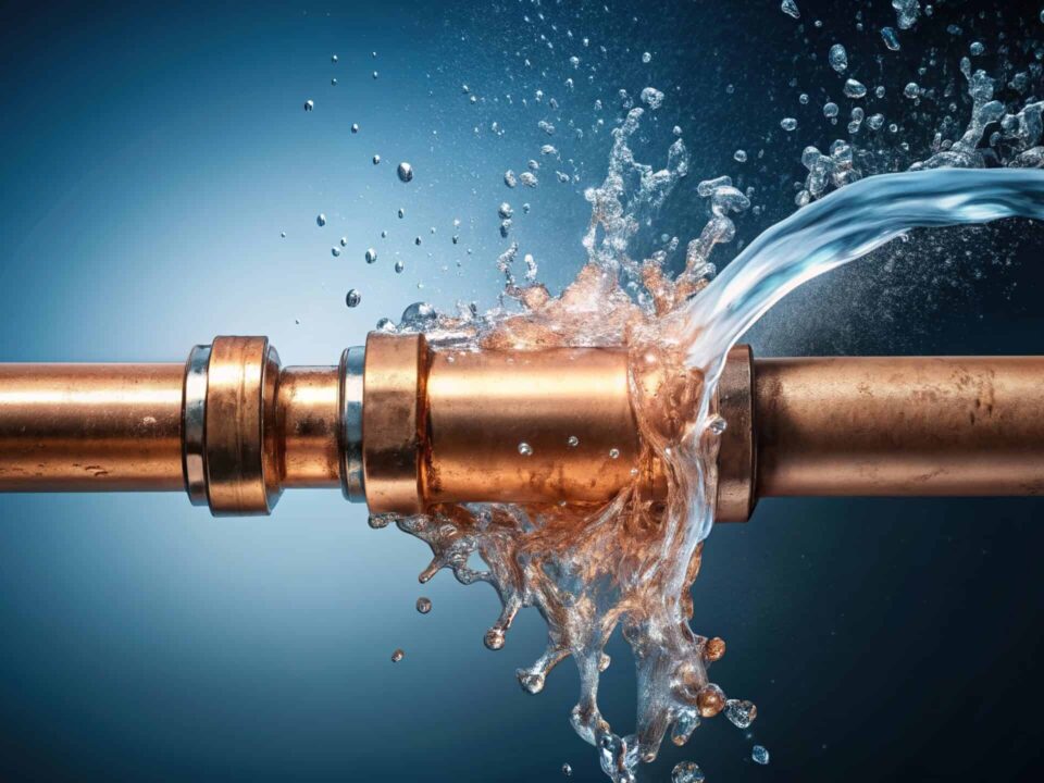 Close-up of a leaking copper pipe with water gushing out, illustrating plumbing issues and the need for professional leak repair services.